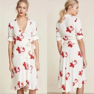 Beautiful Ganni-Inspired silk wrap white and red rose patterned dress